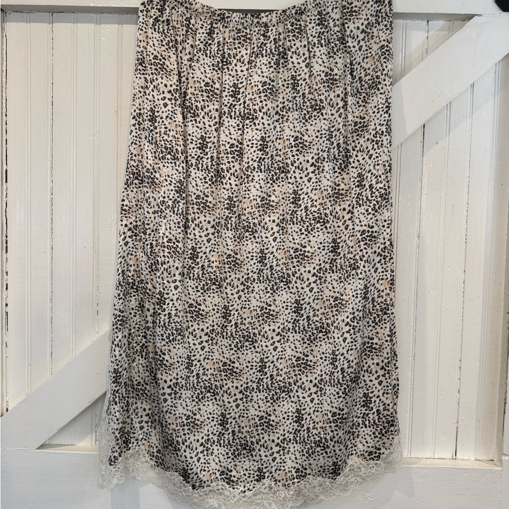 Aerie Leopard Print Midi Skirt Lace Trim Elastic Waist Size L - Picture 5 of 11